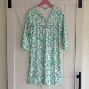 J. McLaughlin Aqua and White 3/4 -Sleeve Shift Dress